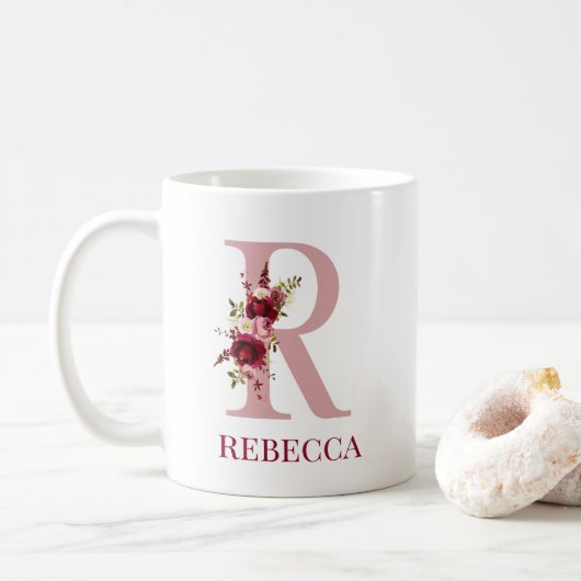 Mug Lettre R Bourgogne Blush Floral (Avec donut)