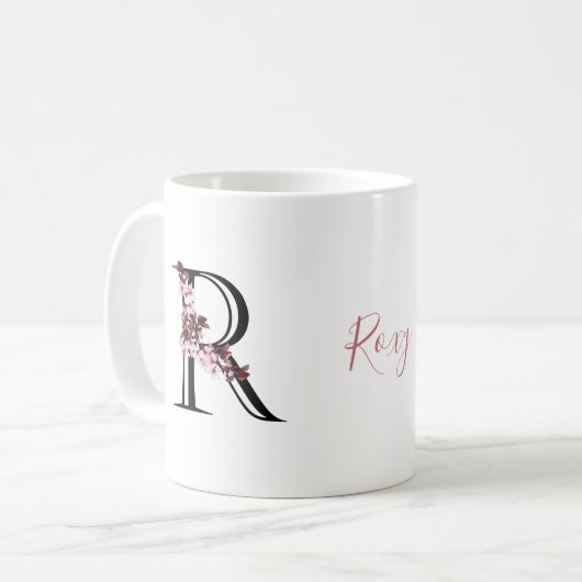 Mug Lettre R, Fleur de cerisier | Nom du script du mon (Devant gauche)