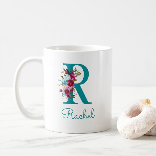 Mug Lettre R Floral Rose et Sarcelle (Avec donut)