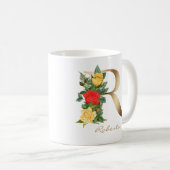 Mug Lettre R Monogramme or Yellow Red Roses Florales (Devant droit)