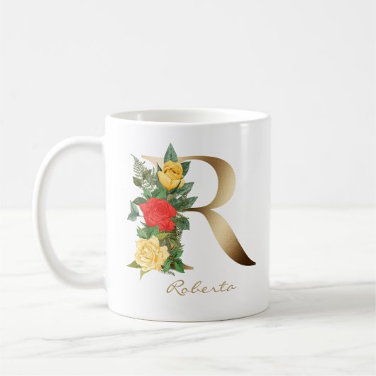 Mug Lettre R Monogramme or Yellow Red Roses Florales (Gauche)