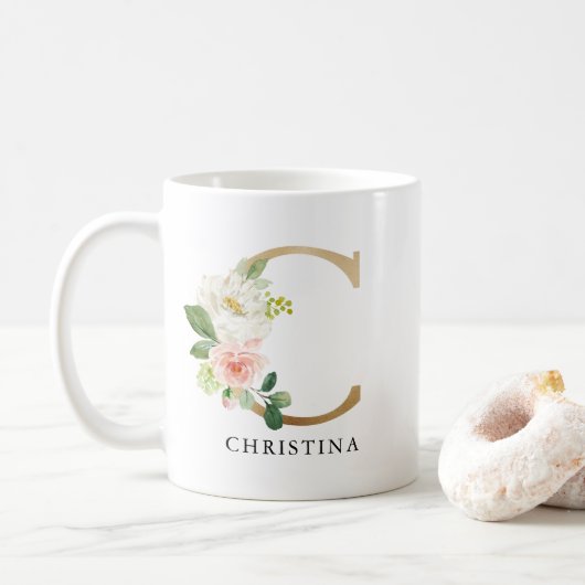 Mug Lettre rose florale et or C Monogramme (Avec donut)
