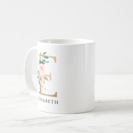 Mug Lettre rose rose et or E Monogramme (Devant gauche)