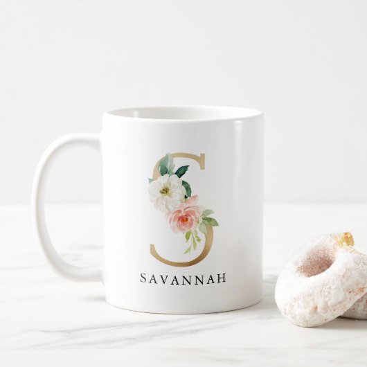 Mug Lettre rose rose et or S Monogramme (Avec donut)