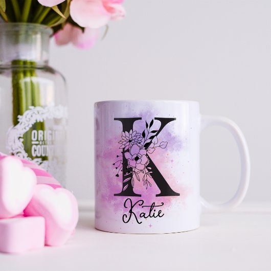 Mug Lettre rose violet noire Florale Monogram K Café