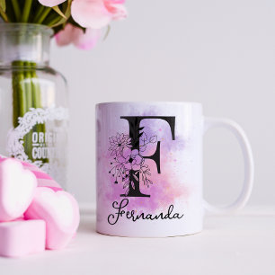Mug Lettre rose violet noire Florale Monogramme F