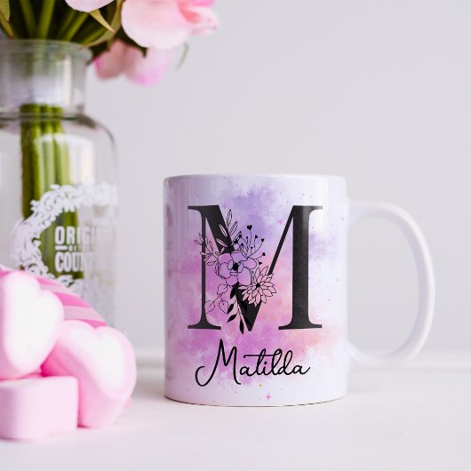 Mug Lettre rose violet noire Florale Monogramme M Café