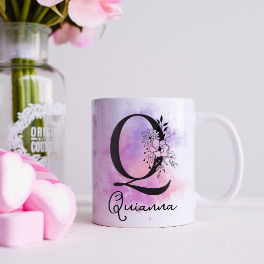 Mug Lettre rose violet noire Florale Monogramme Q
