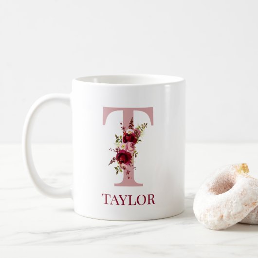 Mug Lettre T Bourgogne Blush Floral (Avec donut)
