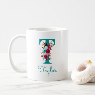 Mug Lettre T Floral Rose et Sarcelle