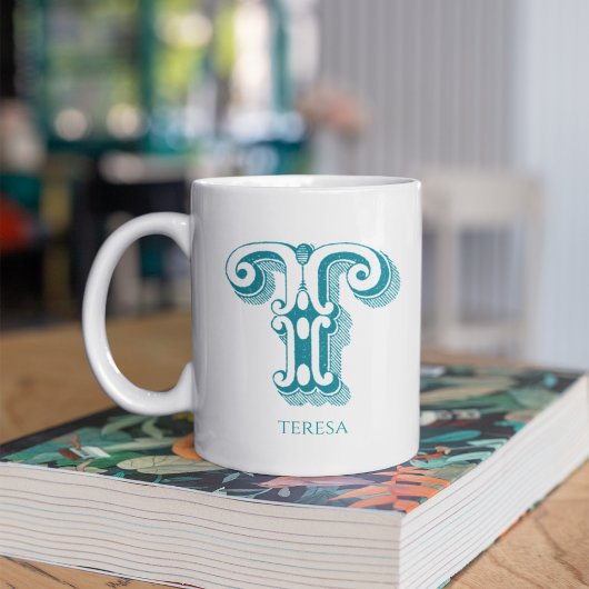 Mug Lettre T Monogramme Turquoise Nom moderne