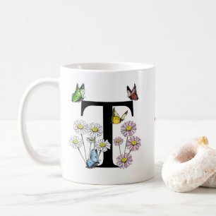 Mug Lettre T Papillon Floral Monogramme Initiale  