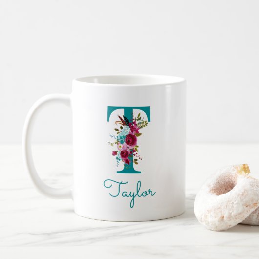 Mug Lettre T Turquoise rose floral (Avec donut)