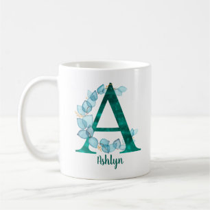 Mug Lettre turquoise A Couronne de eucalyptus bleu
