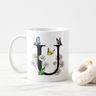Mug Lettre U Floral Papillon Monogramme Initial   