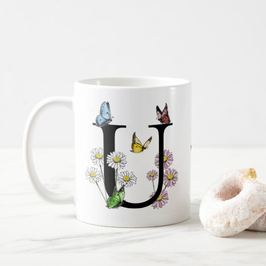 Mug Lettre U Monogramme Papillon Floral Initial    (Avec donut)