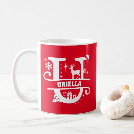 Mug Lettre U Noël Monogramme Nom initial Rouge (Avec donut)