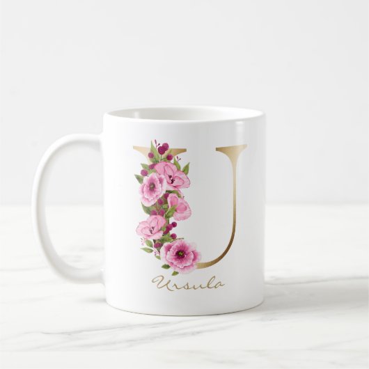 Mug Lettre U or Monogramme rose magenta Floral (Gauche)