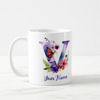 Mug Lettre "V" aux papillons et fleurs personnalisés
