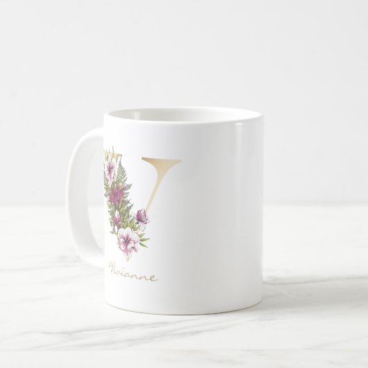 Mug Lettre V Monogramme or Marsala Flores blanches (Devant gauche)