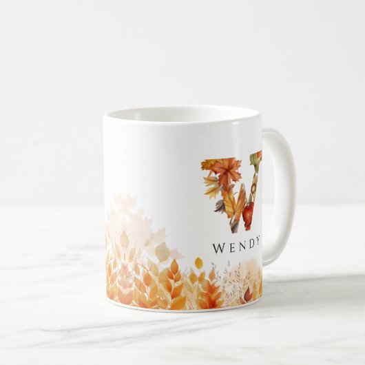 Mug Lettre W Feuilles automnales Monogramme initial (Devant droit)