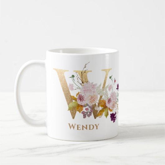 Mug Lettre W - Gold Floral Nom soeur collègue ami coll (Gauche)