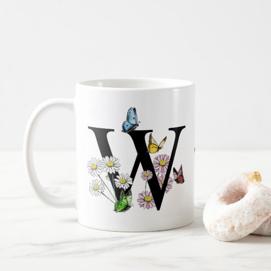 Mug Lettre W Monogramme Papillon Floral Initial   (Avec donut)