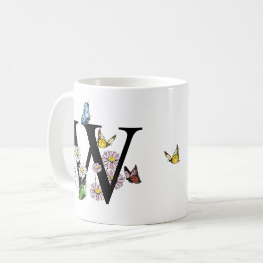 Mug Lettre W Monogramme Papillon Floral Initial   (Devant gauche)