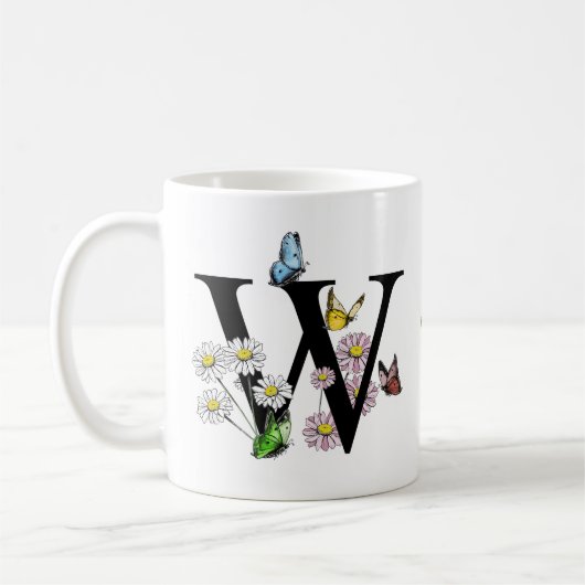 Mug Lettre W Monogramme Papillon Floral Initial (Gauche)