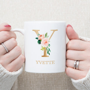 Mug Lettre Y dorée monogramme Floral rose blanc vert