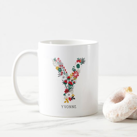 Mug Lettre Y | LETTRE FLEURIE Whimsical Monogramme I M (Avec donut)