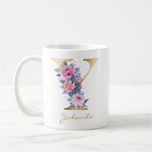 Mug Lettre Y or Monogramme rose bleu floral (Gauche)