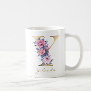 Mug Lettre Y or Monogramme rose bleu floral