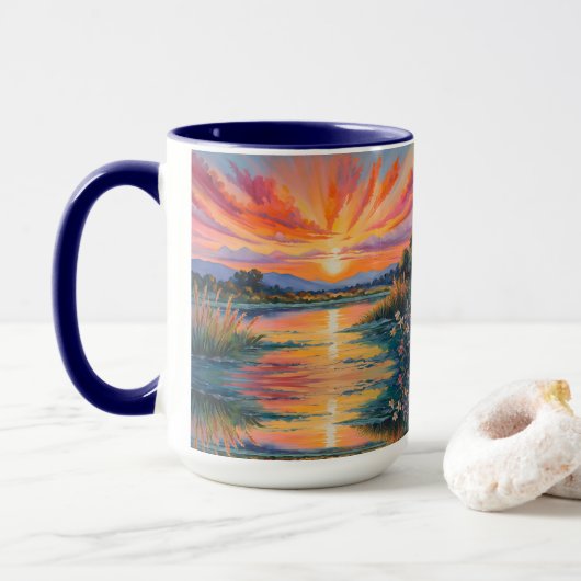 Mug Lever de soleil à l'aquarelle de l'étang (Avec donut)