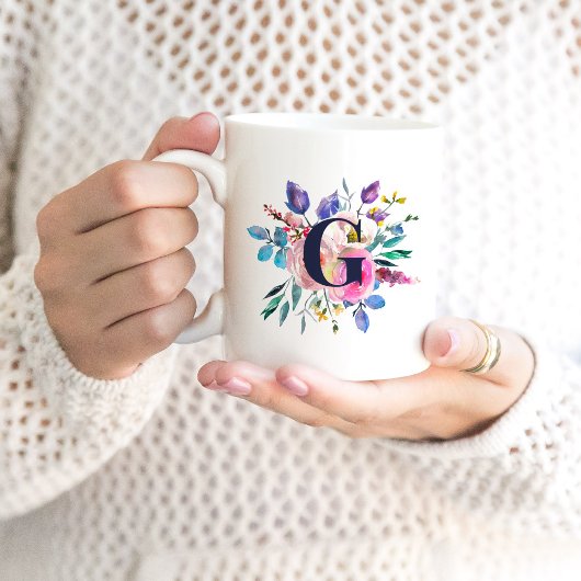 Mug Lever de soleil Boho Floral Monogramme Navy