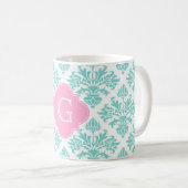 Mug Lg Aqua Floral Damask #3 Pink Quatrefoil Monogramm (Devant droit)