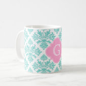 Mug Lg Aqua Floral Damask #3 Pink Quatrefoil Monogramm (Devant gauche)
