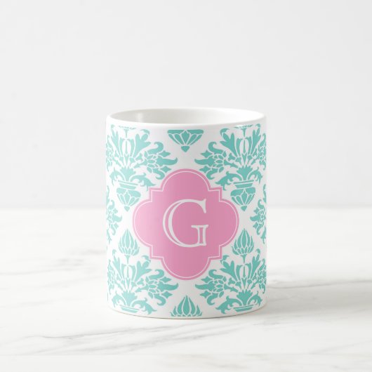 Mug Lg Aqua Floral Damask #3 Pink Quatrefoil Monogramm (Centre)