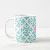 Mug Lg Aqua Floral Damask #3 Pink Quatrefoil Monogramm (Gauche)
