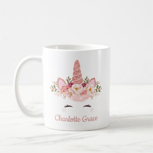 Mug Licorne rose d'or/roses roses d'aquarelle (Gauche)