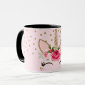 Mug Licorne Tendance Pailletée Or et Fleur Rose (Devant gauche)
