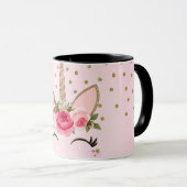 Mug Licorne Tendance Pailletée Or et Fleur Rose (Devant droit)