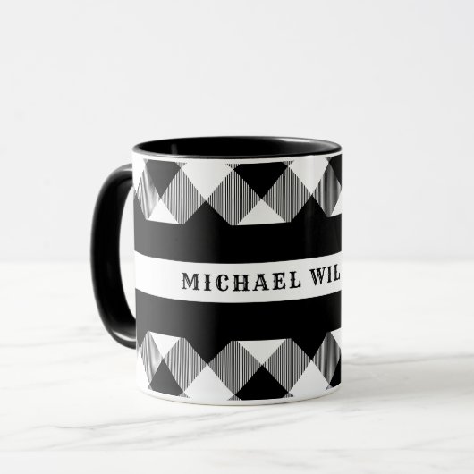 Mug Ligne blanche mince monogramme de plaid de Buffalo (Devant gauche)