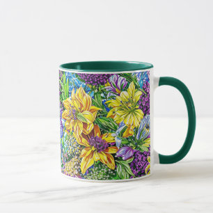 Mug Lilac Jaune Bleu Vert Jardin Fleurs Motif