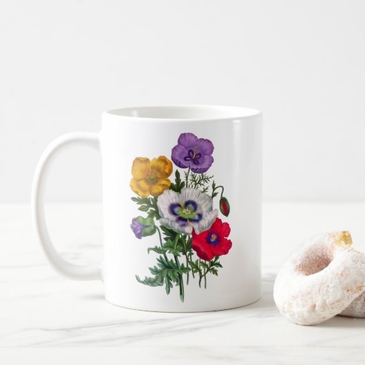 Mug Lilac Rouge Blanc Jaune Poppies & Feuilles verts (Avec donut)