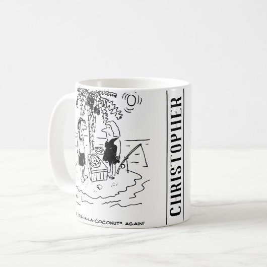 Mug L'île déserte. Le repas est Fish a la Coconut. (Devant gauche)