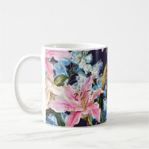 Mug Lilies, bordure delphiniums : peinture aquarelle.