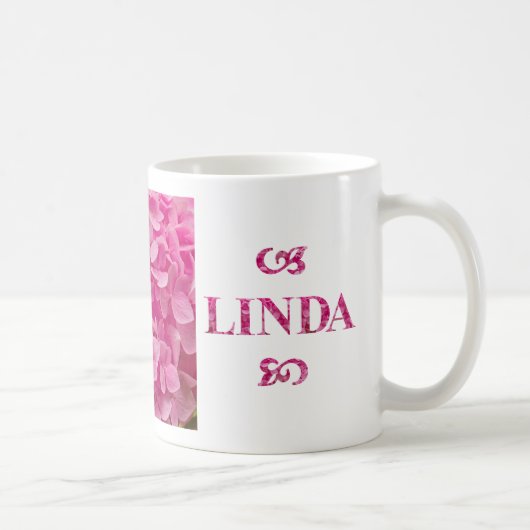 Mug "Linda" Nom, Joli rose Hydrangea Floral Lettres (Droite)