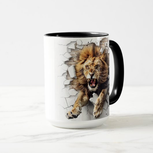 Mug lion sortant d'un mur fissuré (Devant droit)