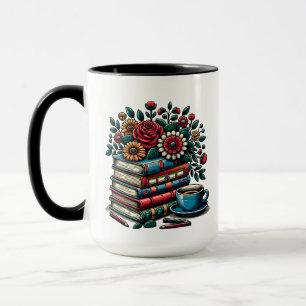 Mug Livres anciens personnalisés, café et fleurs